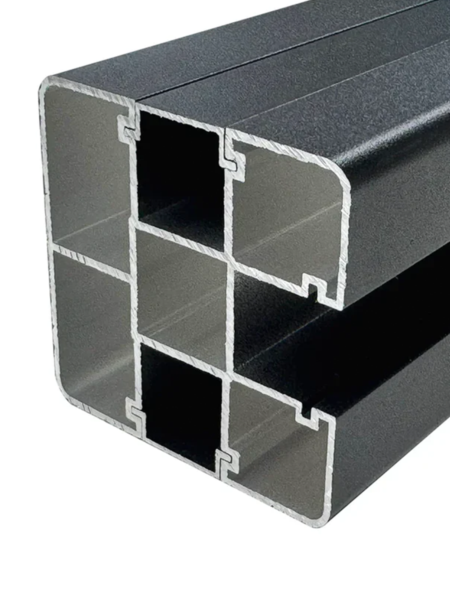 Cutaway view of the black fence post showing internal channels and hollow sections