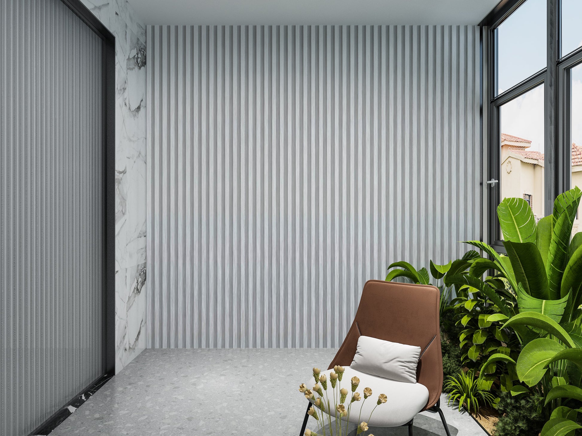 White Brushed WPC Fluted 3D Wall Panels. Wall Decor Center. Balcony Design With WPC Fluted Wall Panels
