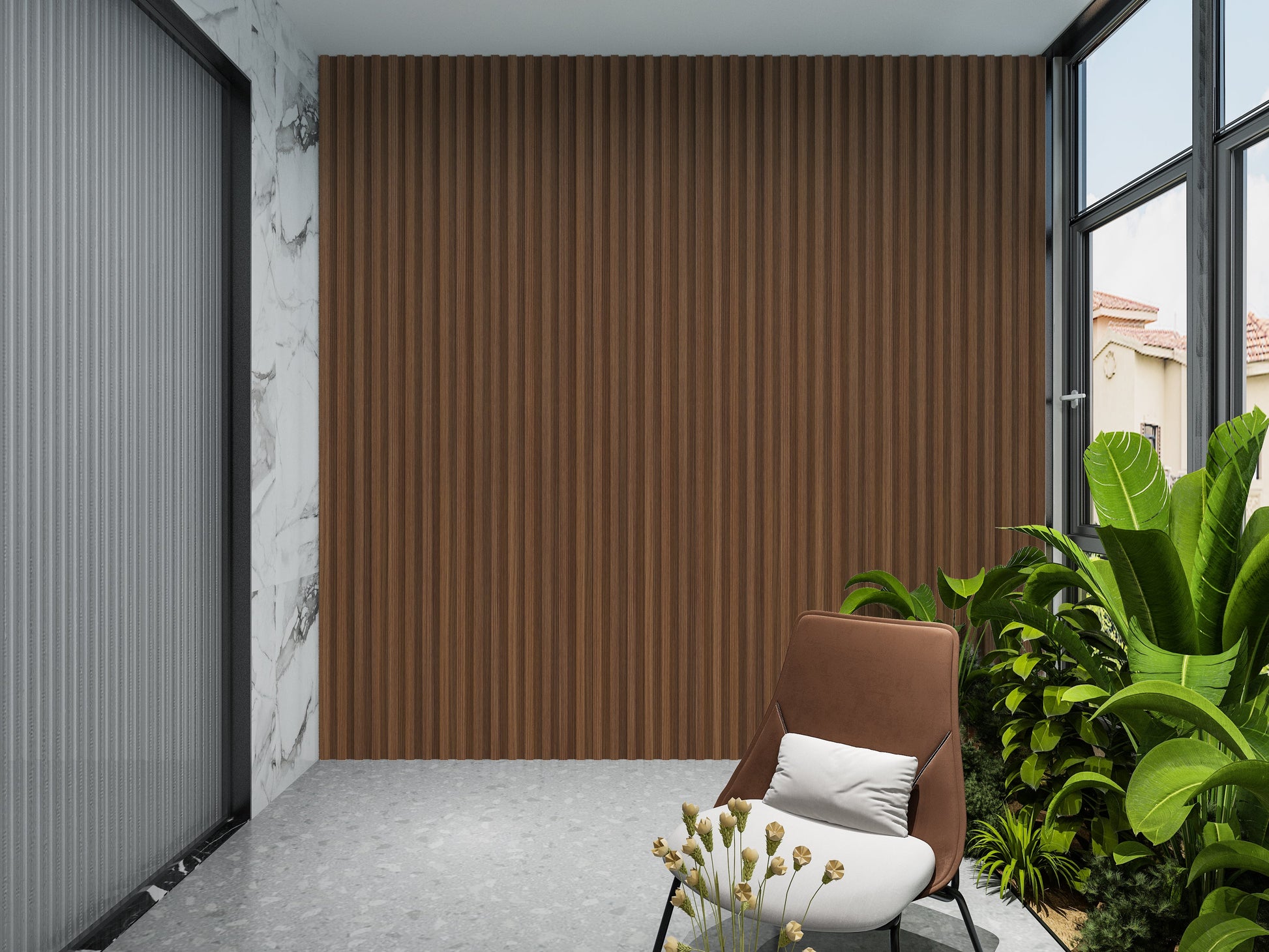 Midnight Elm WPC Fluted 3D Wall Panels. Wall Decor Center. Balcony Design With WPC Fluted Wall Panels