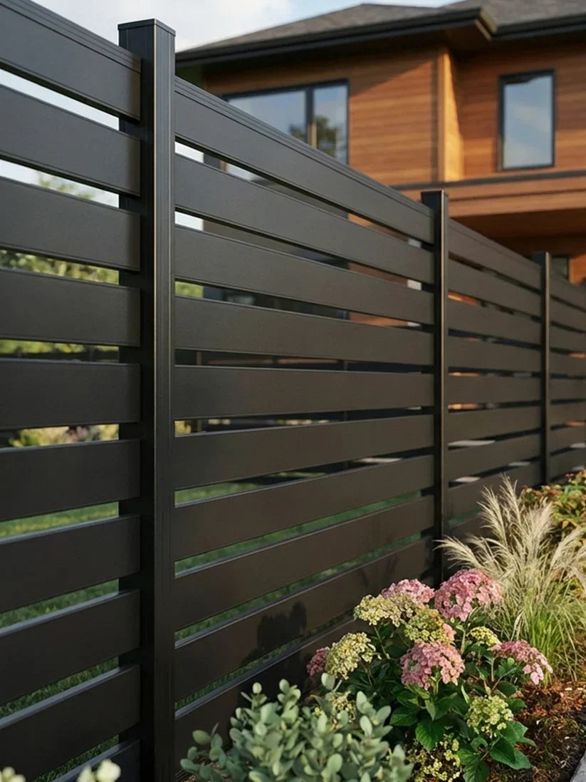 semi privacy aluminum fence panel with open slats for airflow and light outdoor fencing