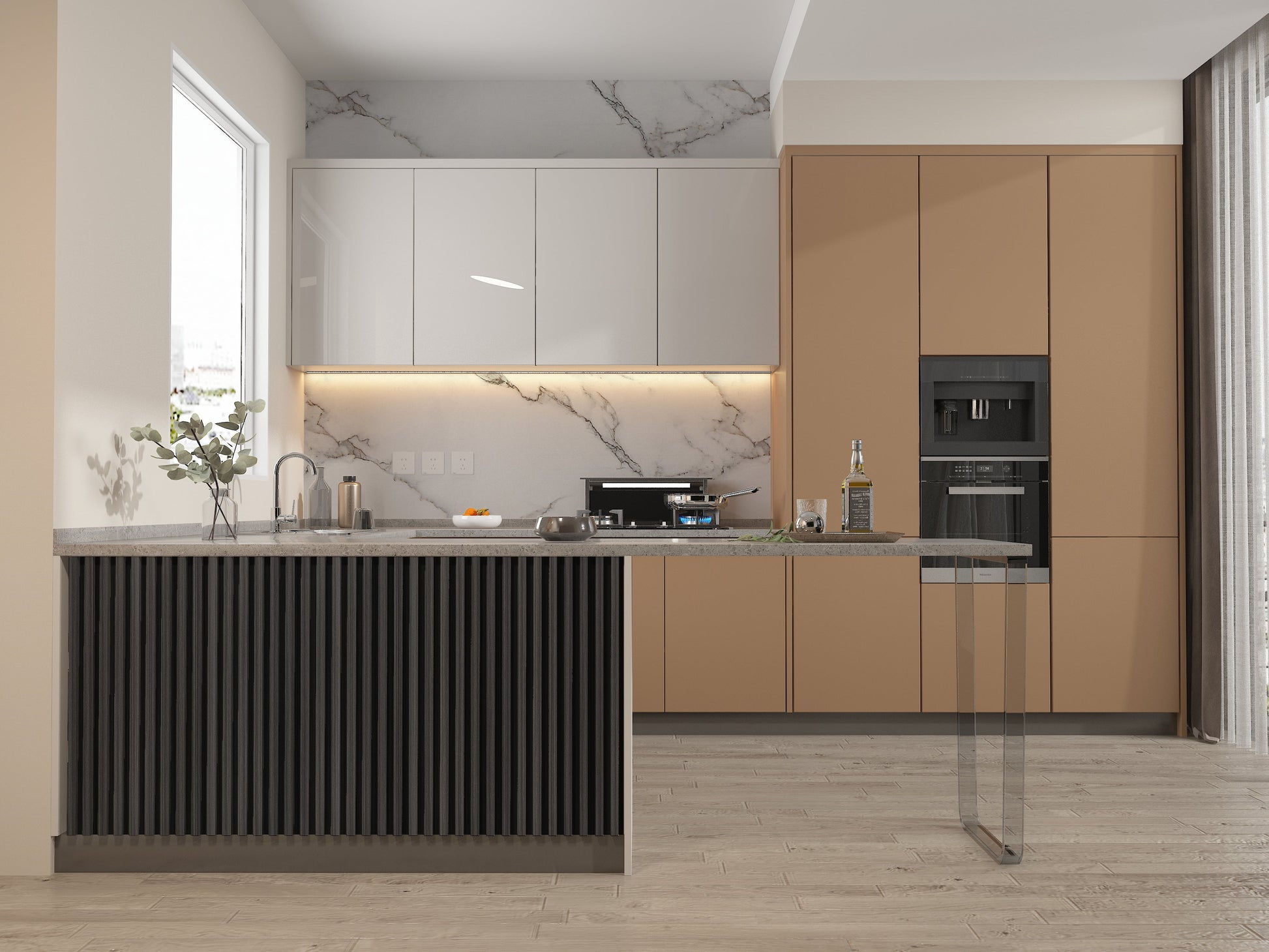 Carborn Gray WPC Fluted 3D Wall Panels. Wall Decor Center. Kitchen Design From WPC Fluted Wall Panels
