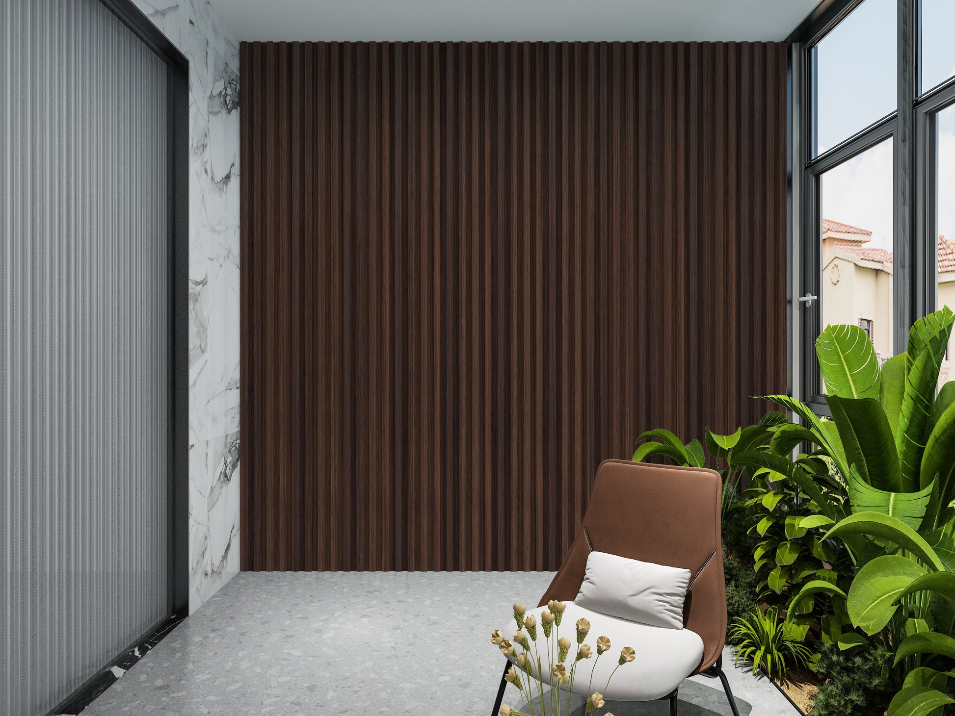 Dark Walnut WPC Fluted 3D Wall Panels. Wall Decor Center. Balcony Design With WPC Fluted Wall Panels