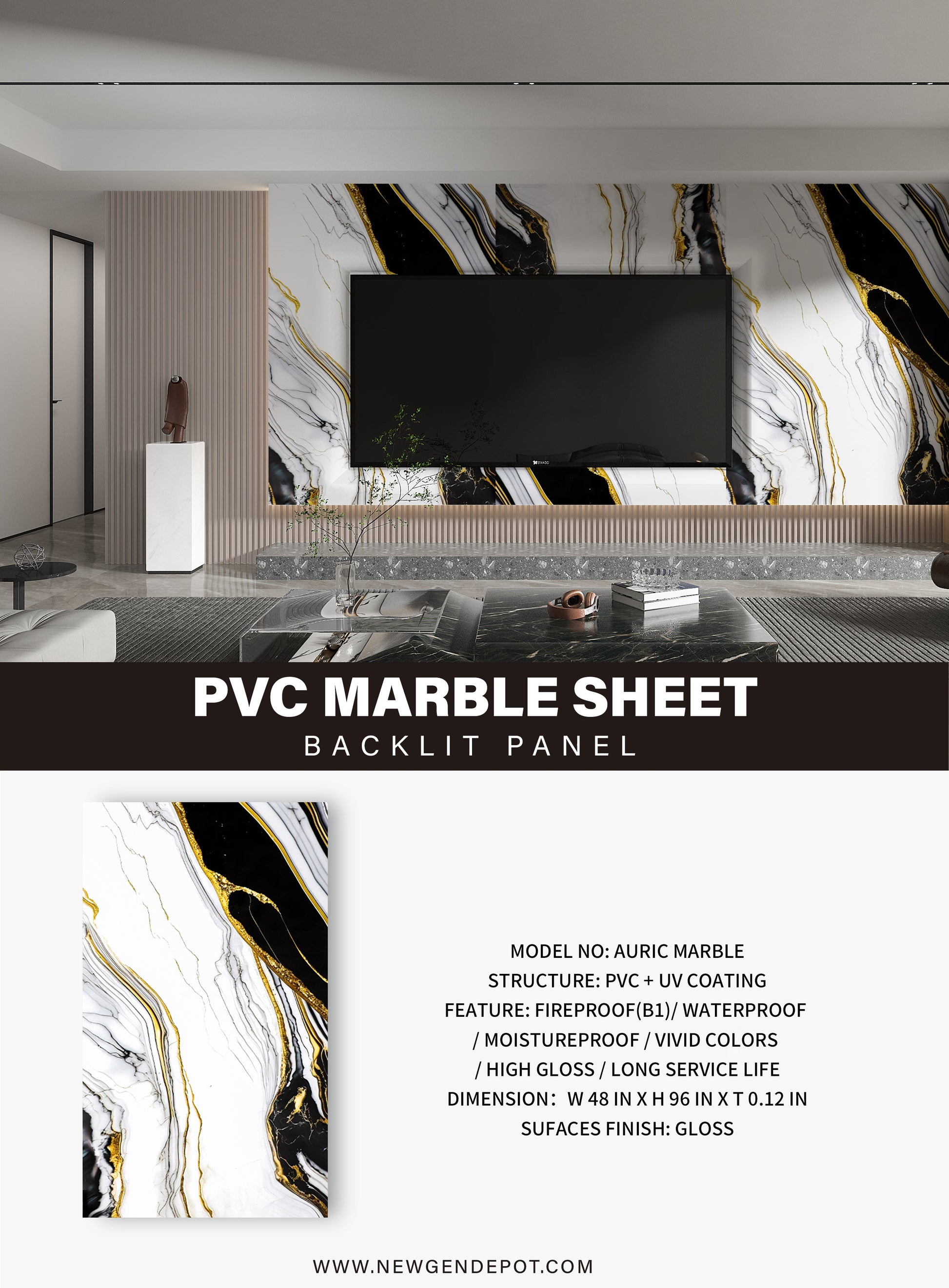 PVC 3D Marble Sheet Auric Specifications. Wall Decor Center