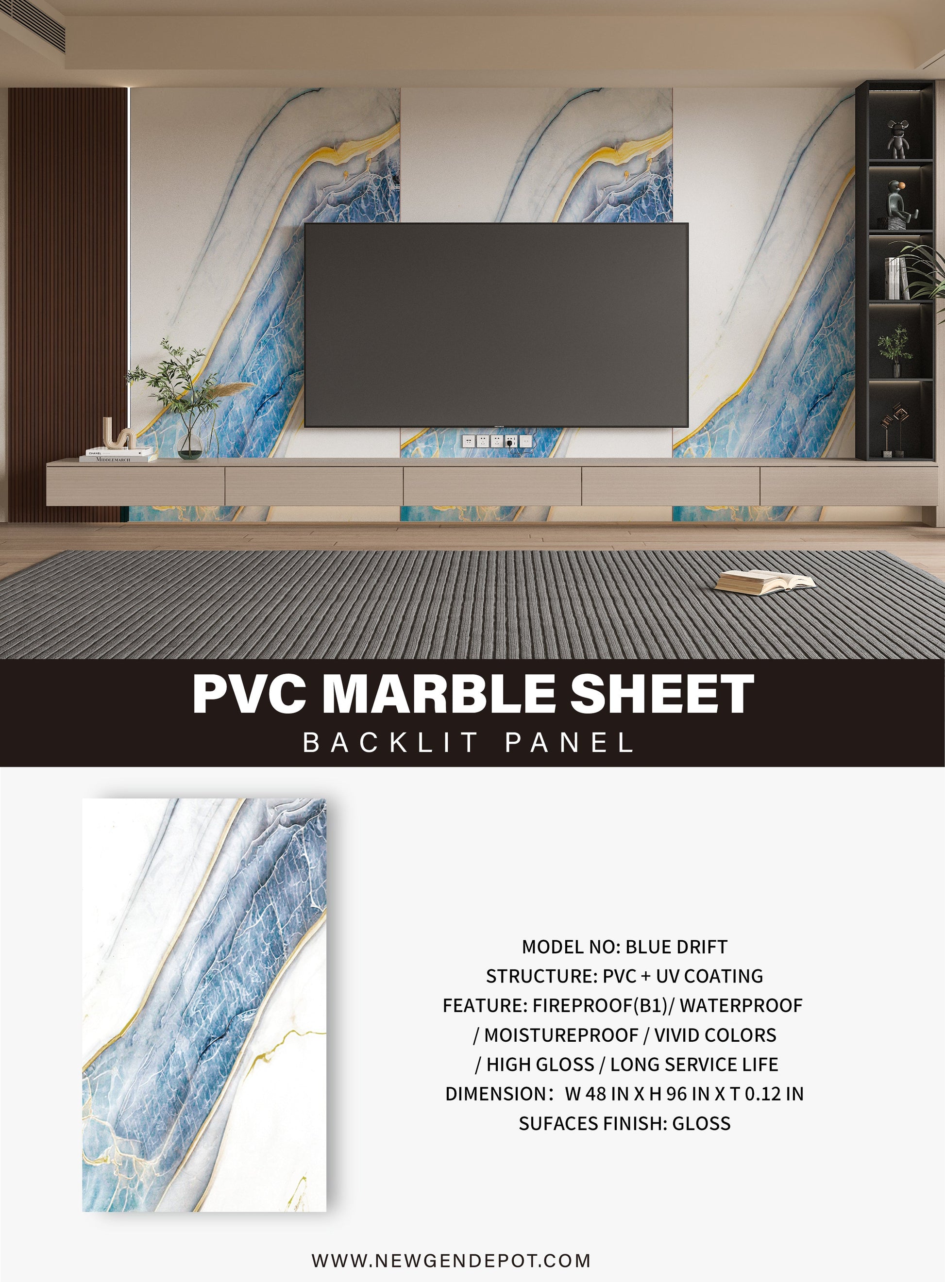 PVC 3D Marble Sheet Blue Drift Specifications. Wall Decor Center