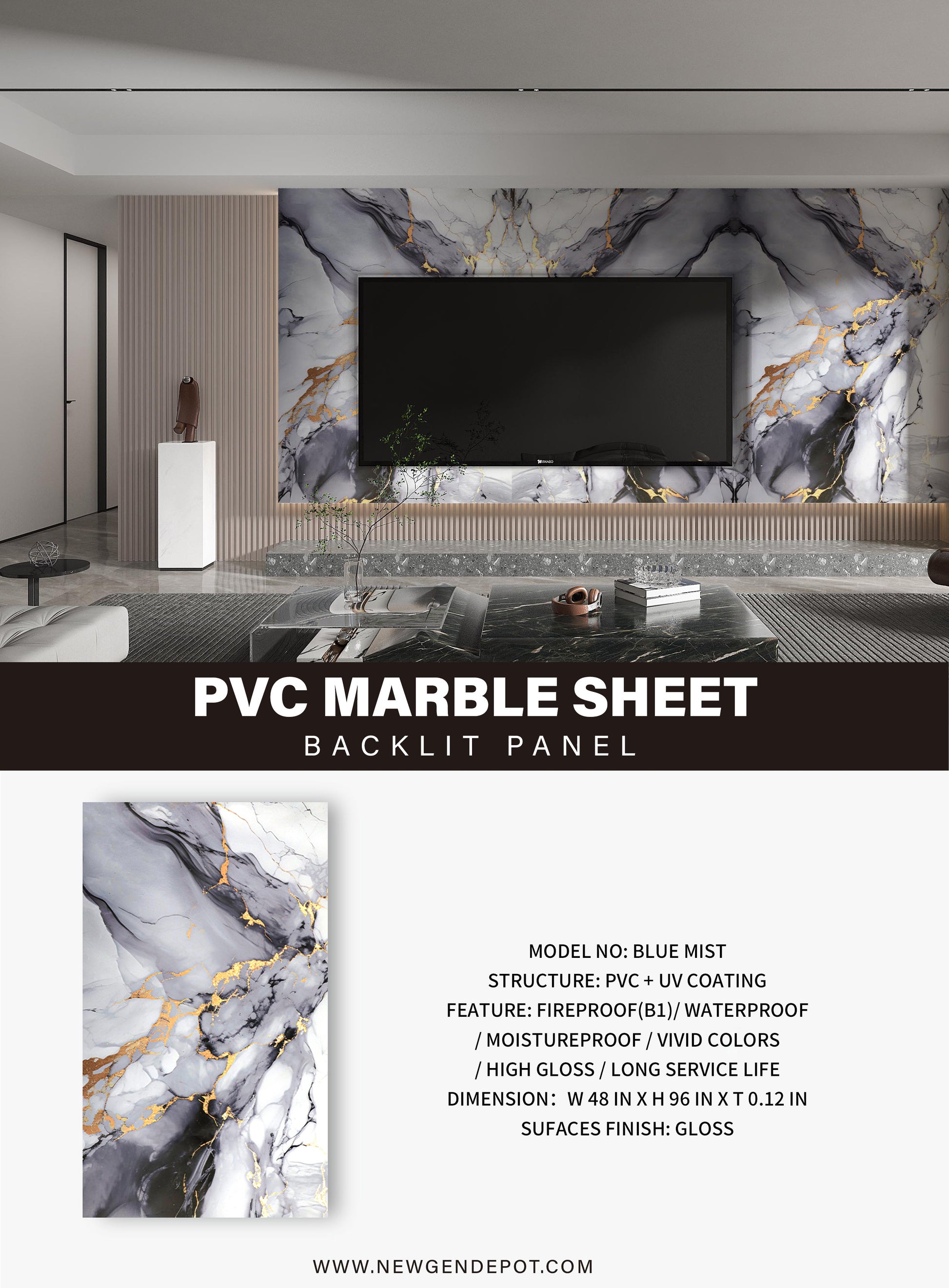 PVC 3D Marble Sheet Blue Mist Specifications. Wall Decor Center
