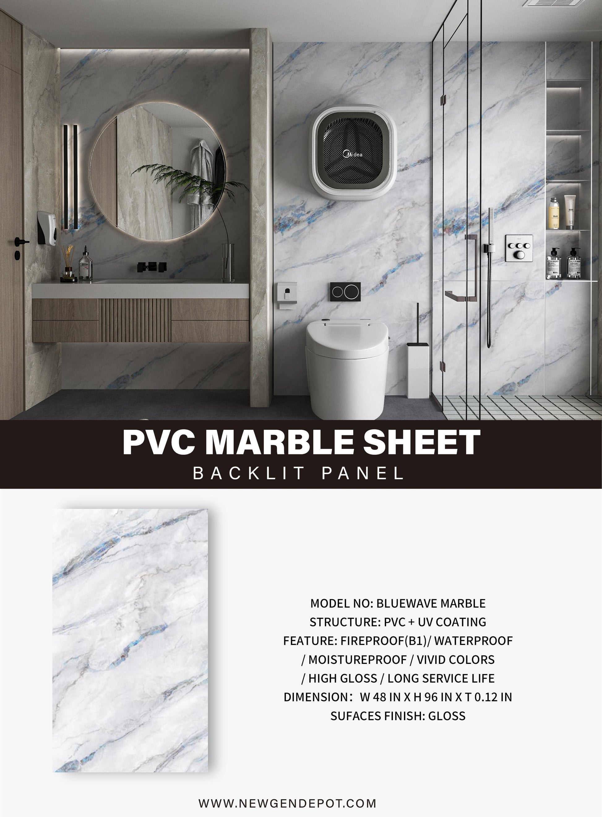 PVC 3D Marble Sheet Bluewave Specifications. Wall Decor Center