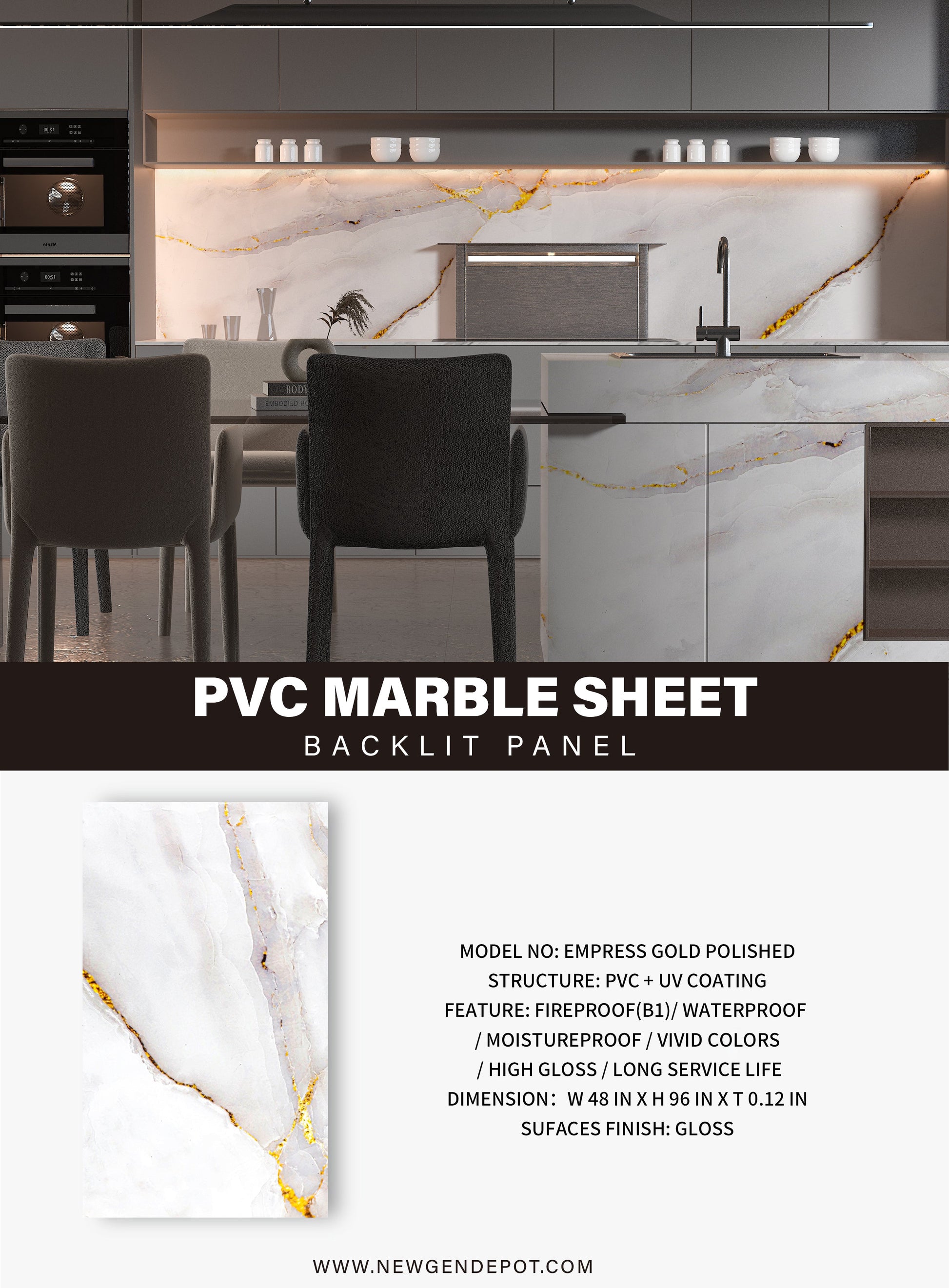 PVC 3D Marble Sheet Empress Gold Polished Specifications. Wall Decor Center