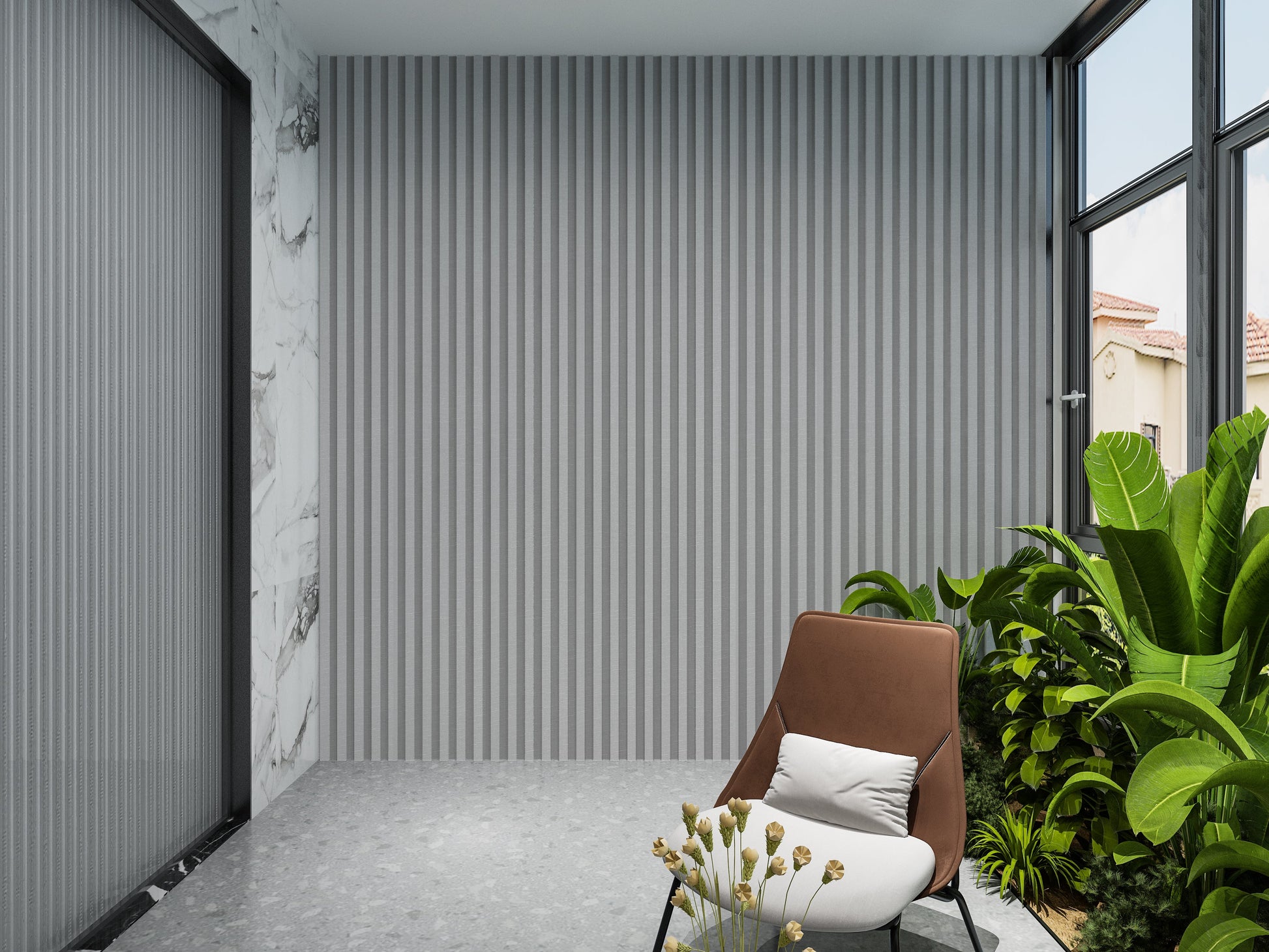 White linen WPC Fluted 3D Wall Panels. Wall Decor Center. Balcony Design With WPC Fluted Wall Panels