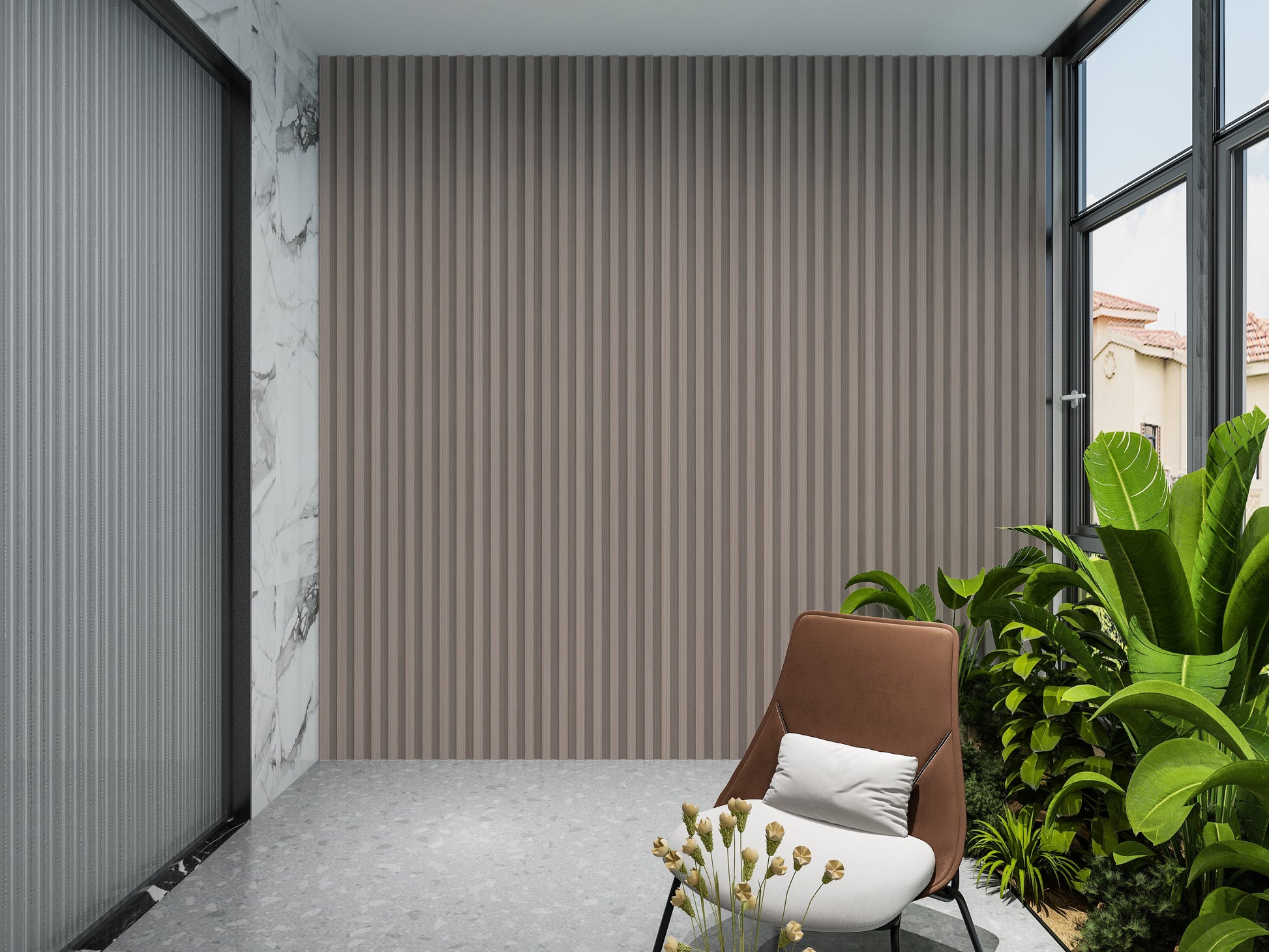 Cedar Oak WPC Fluted 3D Wall Panels. Wall Decor Center. Balcony Design With WPC Fluted Wall Panels