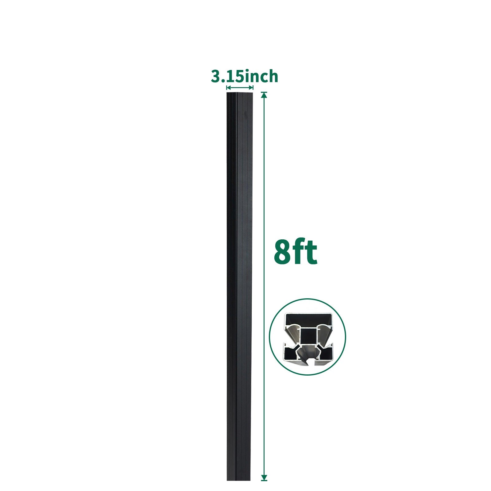 8 ft black composite gate post with 3.15 inch profile and reinforced core for composite and aluminum fencing