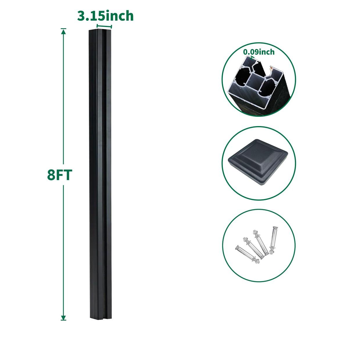 8 ft black composite gate post with 3.15 inch profile, reinforced core, post cap, and mounting screws for fencing installation