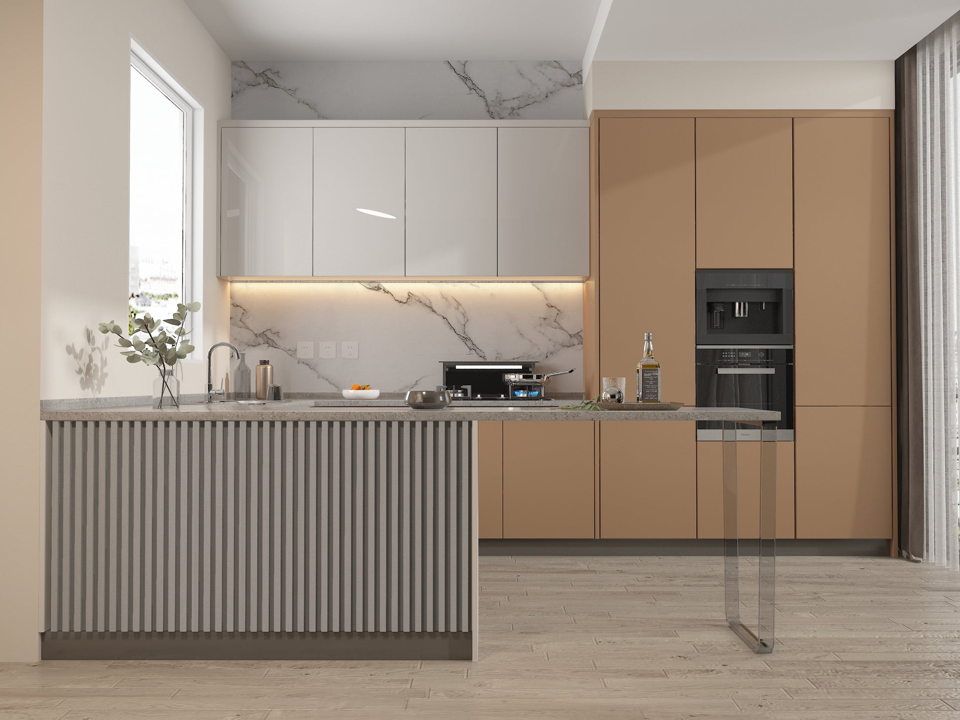 White linen WPC Fluted 3D Wall Panels. Wall Decor Center. Kitchen Design From WPC Fluted Wall Panels