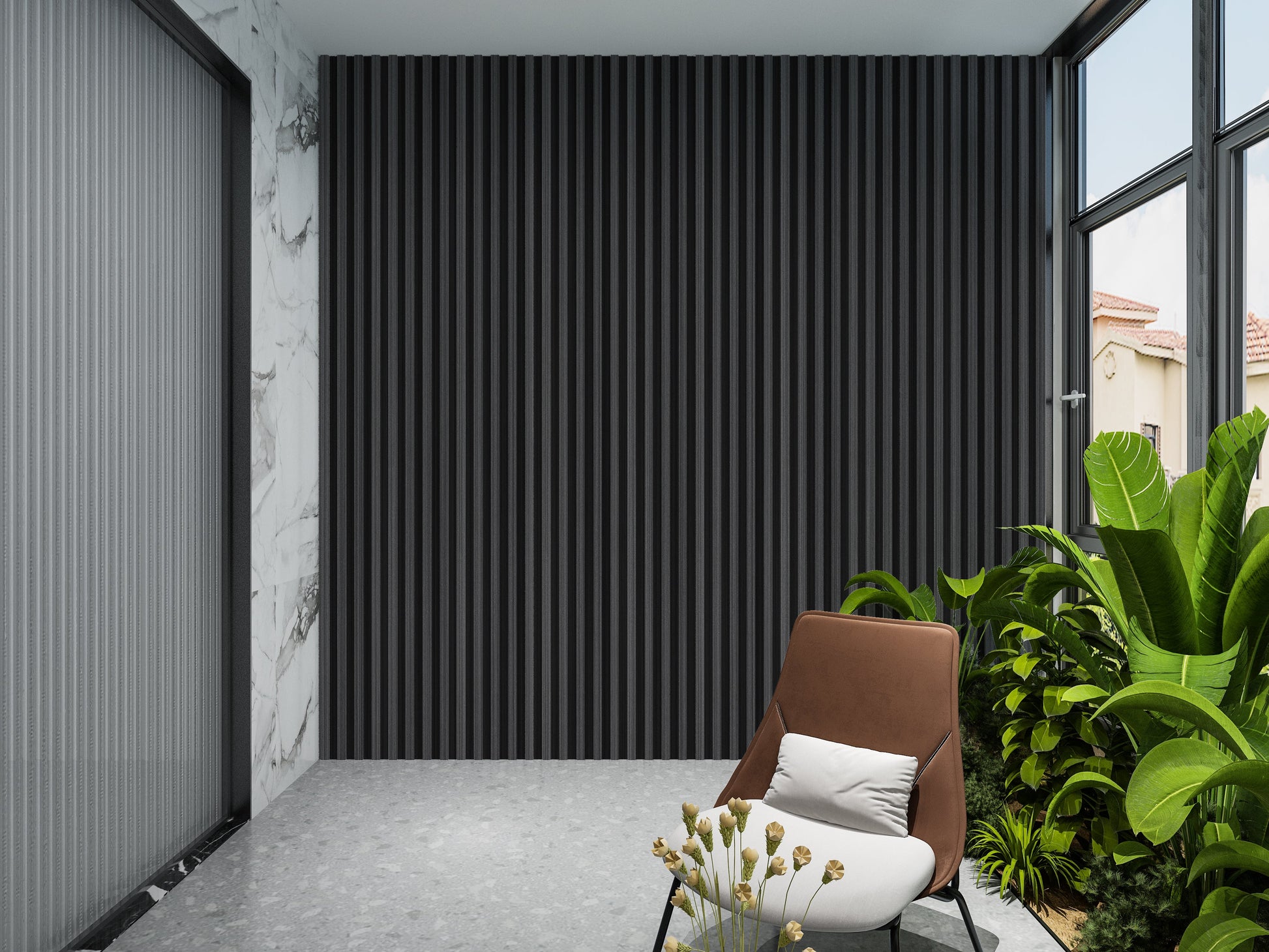 Carborn Gray WPC Fluted 3D Wall Panels. Wall Decor Center. Balcony Design With WPC Fluted Wall Panels