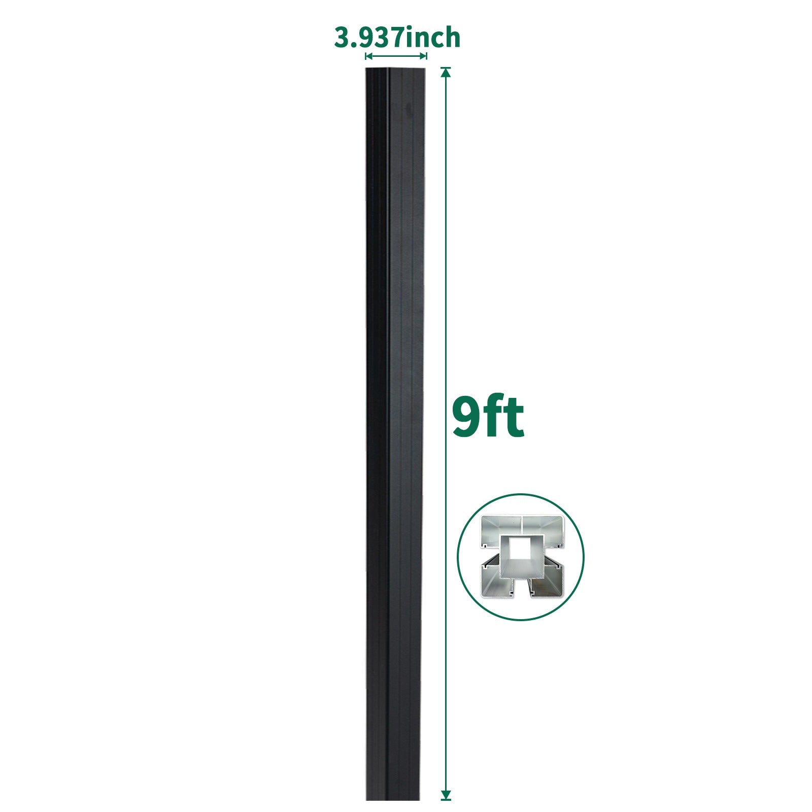 9 ft black composite fence post with 3.937 inch profile for composite and aluminum fencing systems