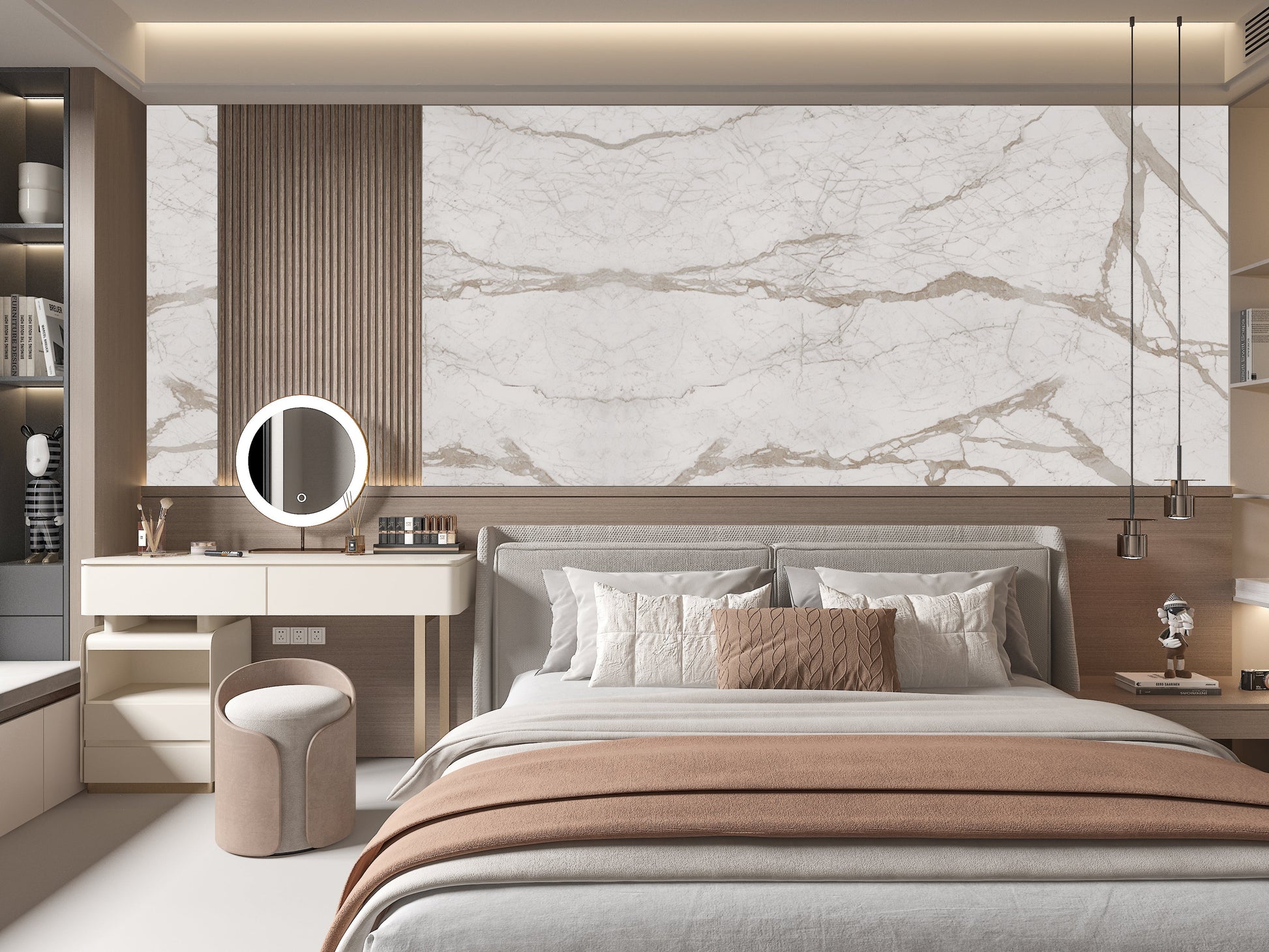 Striking Beige Vein Marble Sheets Bedroom Design