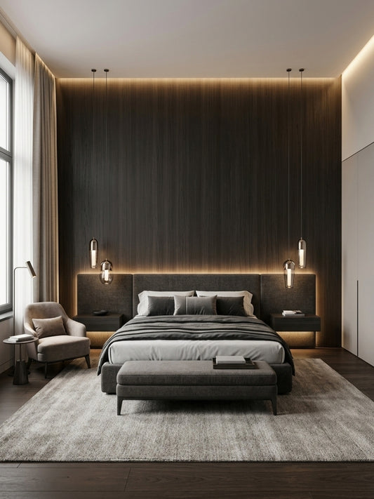 Blackwood veneer wall panels forming a dark floor-to-ceiling accent wall behind a modern upholstered bed