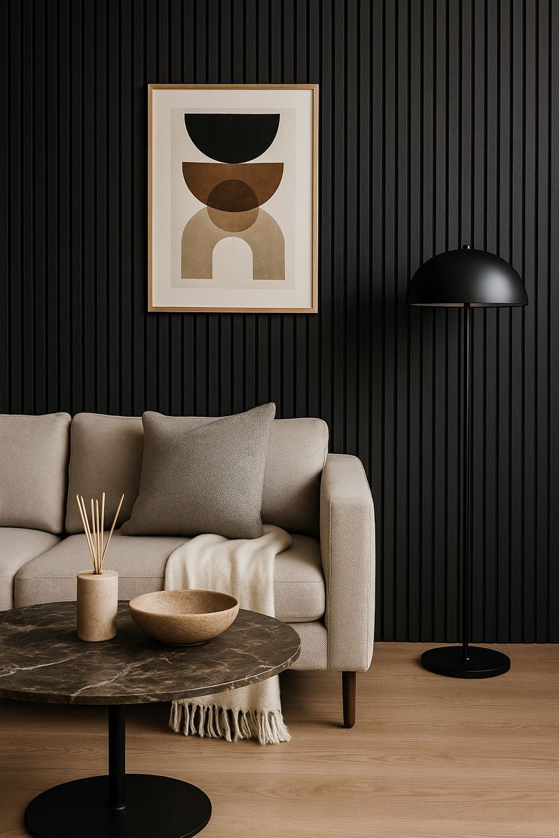 Black sound-absorbing slat wall panel for modern homes
