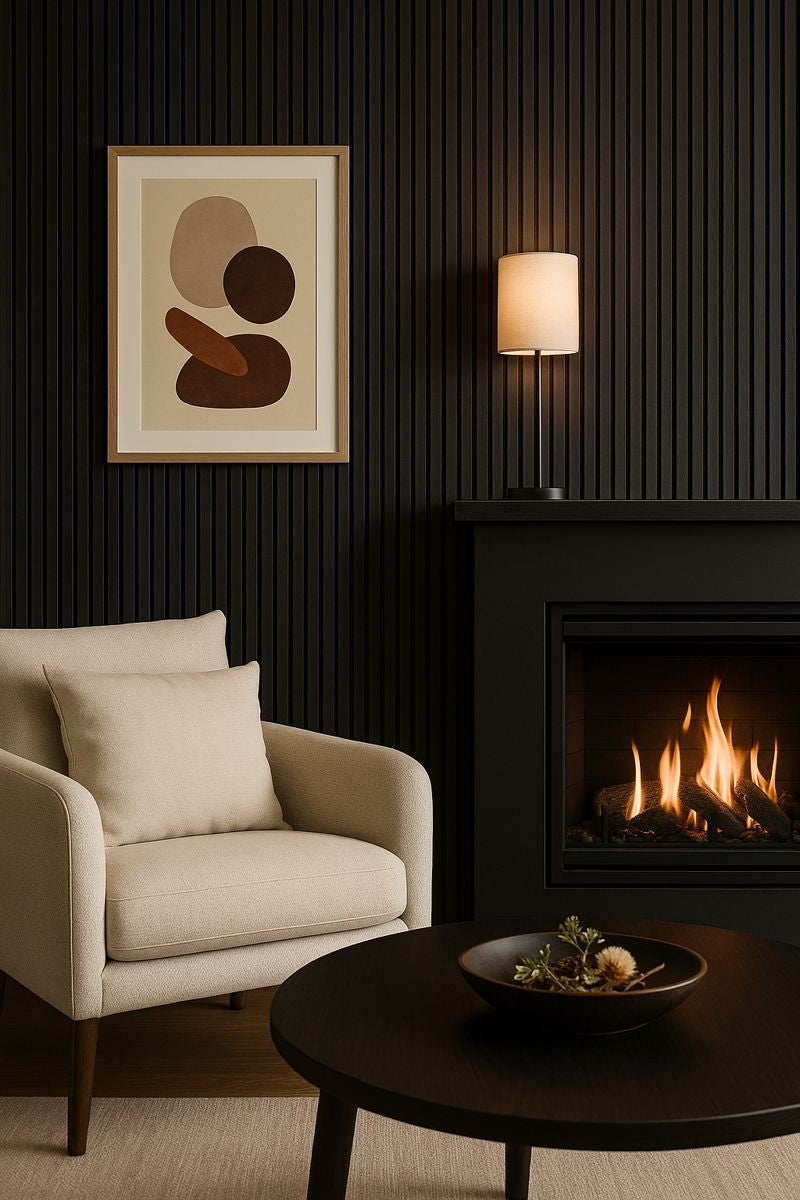 Close-up of black acoustic wood slat panel 3-sided veneer finish