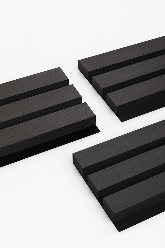 Black premium acoustic slat wall panel with 3-sided wood veneer