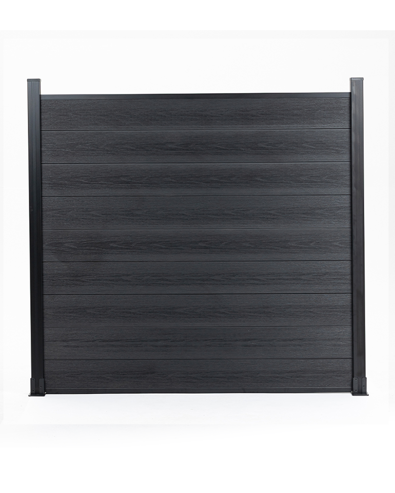 Black co-extruded WPC composite fence panel with wood-grain texture and side posts.