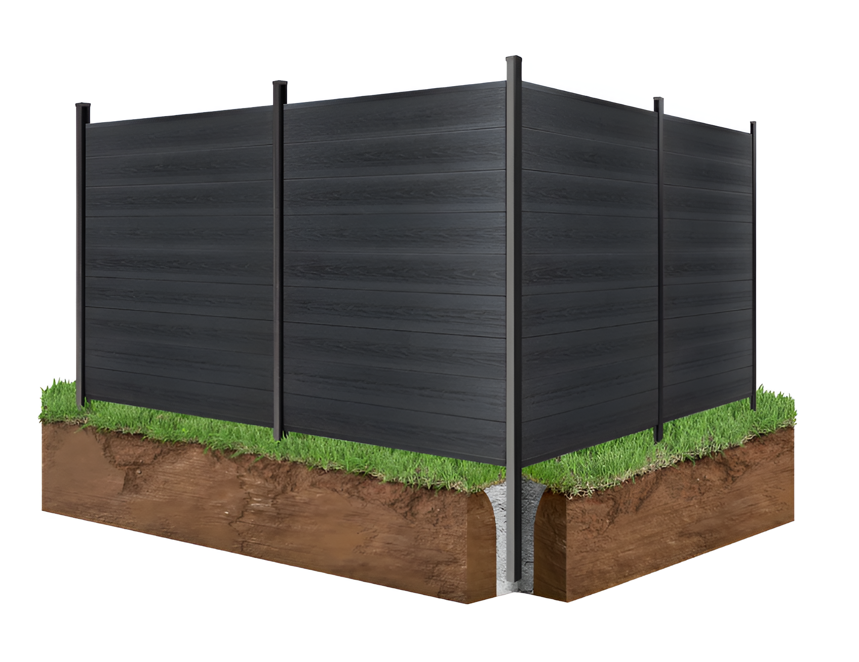 Black composite fence panels with co-extrusion forming a corner fence on grassy soil.