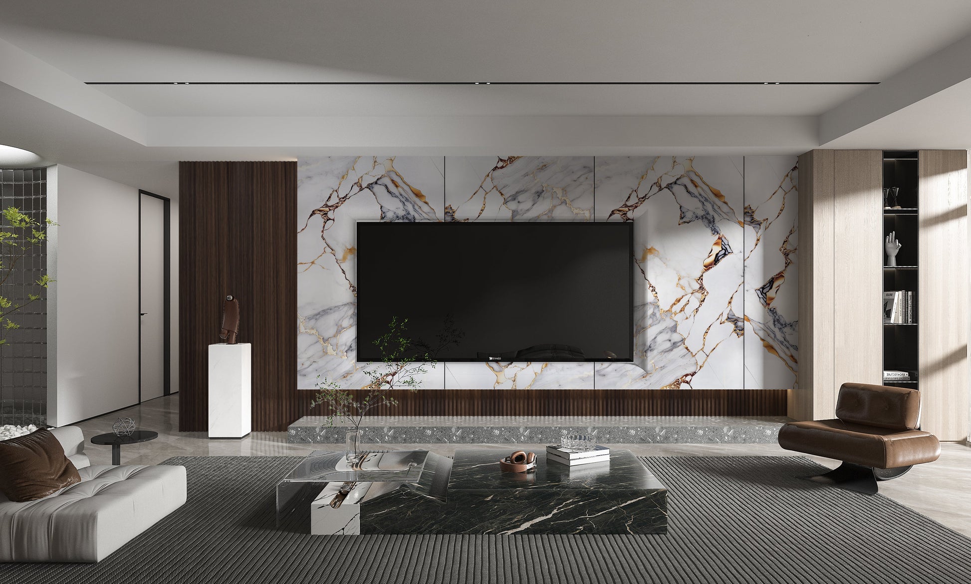 PVC 3D Marble Sheet Covelano Luxe Gold. Wall Decor Center. Living Room  With PVC Marble Sheets Design