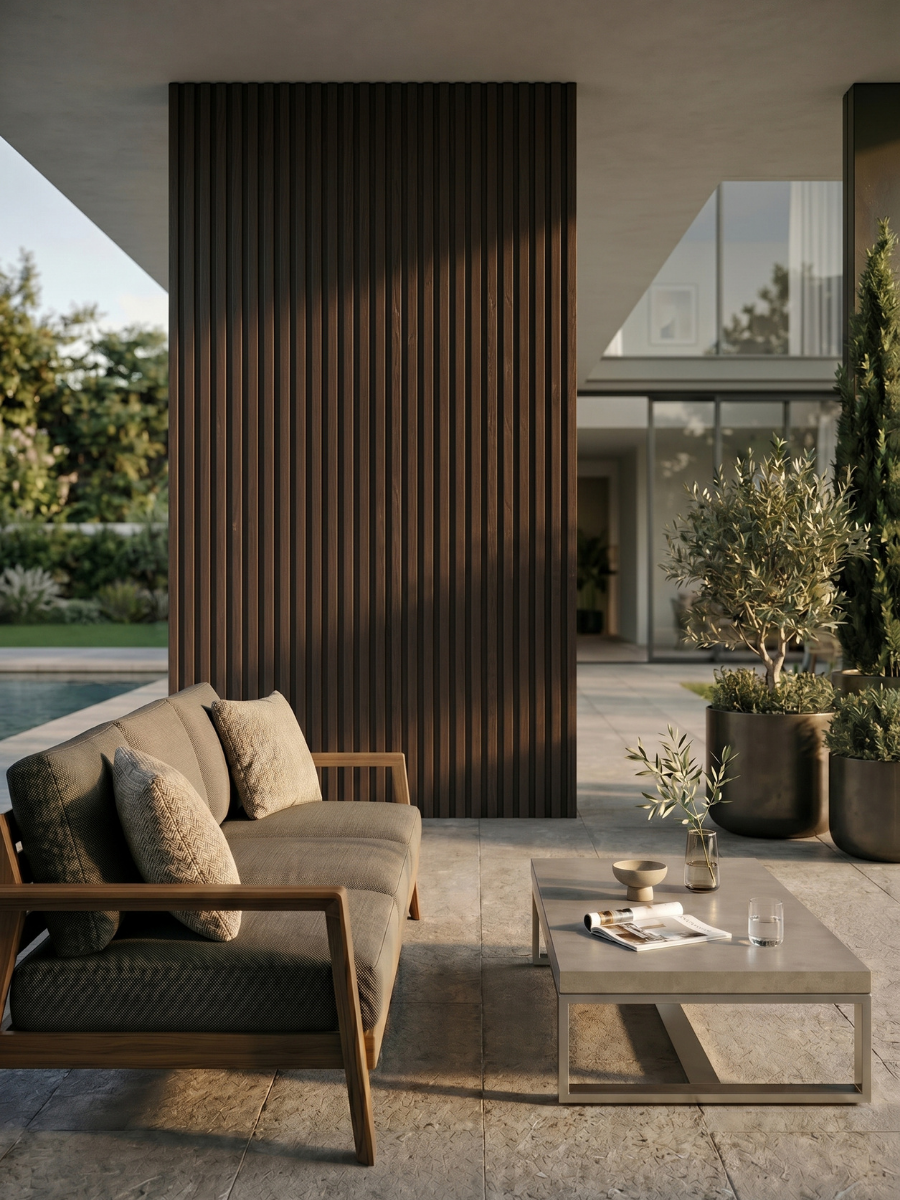 Weather resistant dark brown exterior composite cladding boards
