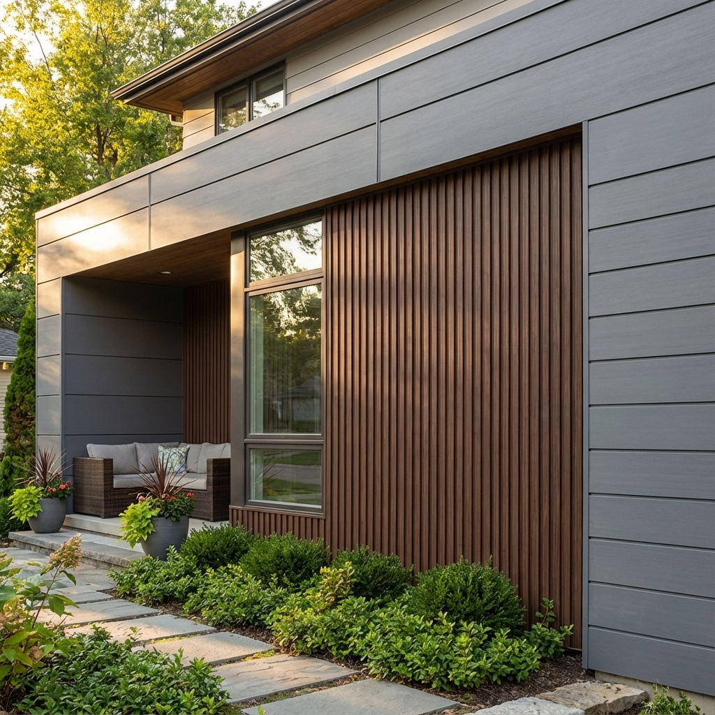 Dark brown composite cladding panels for exterior walls