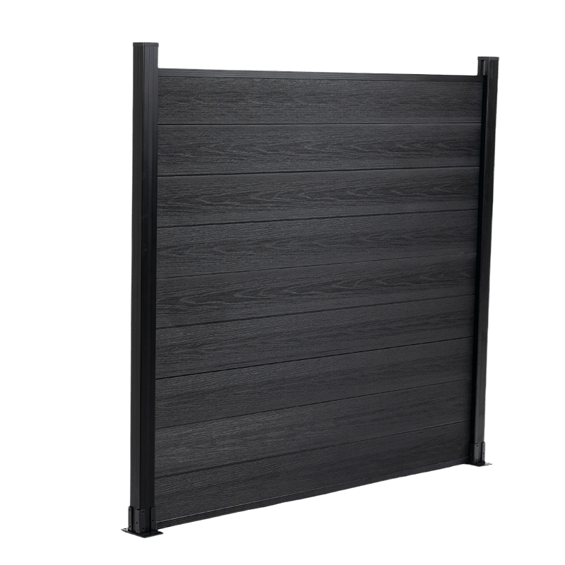 Black composite fence panel with horizontal wood-grain boards and aluminum side posts