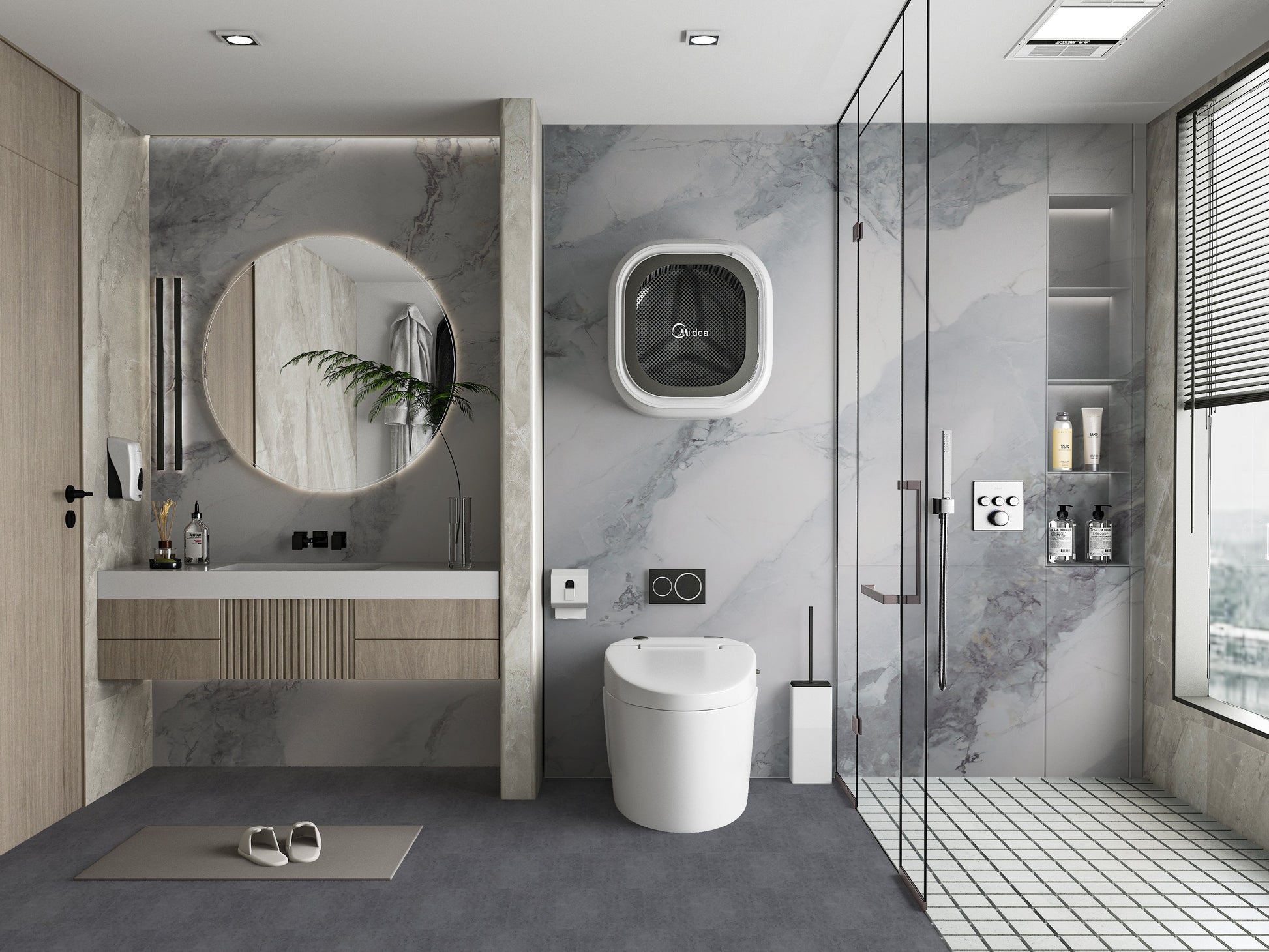 3D Frosted Sky Marble UV Protected PVC Wall Panel - Modern bathroom interior featuring gray marble-look wall panels