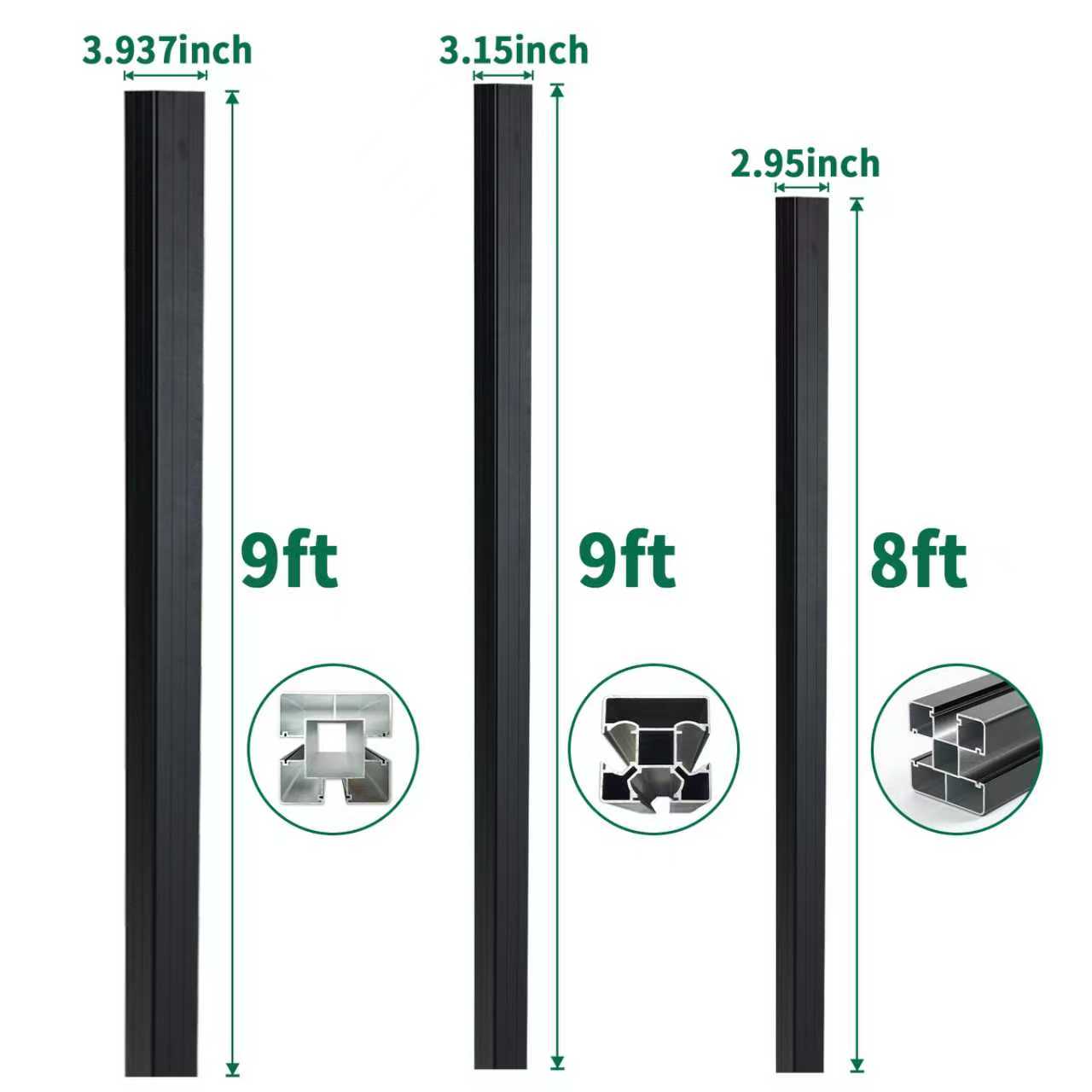 Black composite fence posts in multiple sizes including 9 ft and 8 ft options with 3.937 inch, 3.15 inch, and 2.95 inch profiles