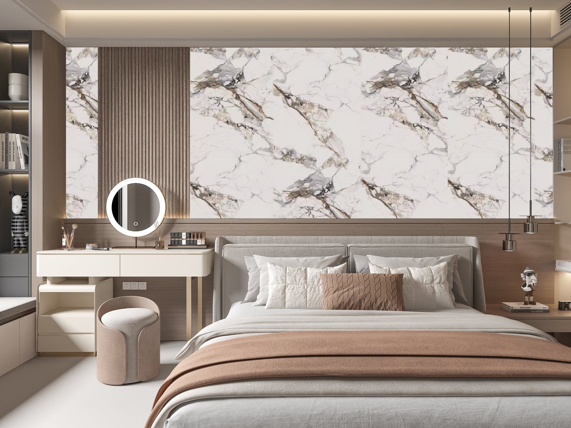 Gray and Beige Veined White Sheets Continuous Pattern Bed Room Design