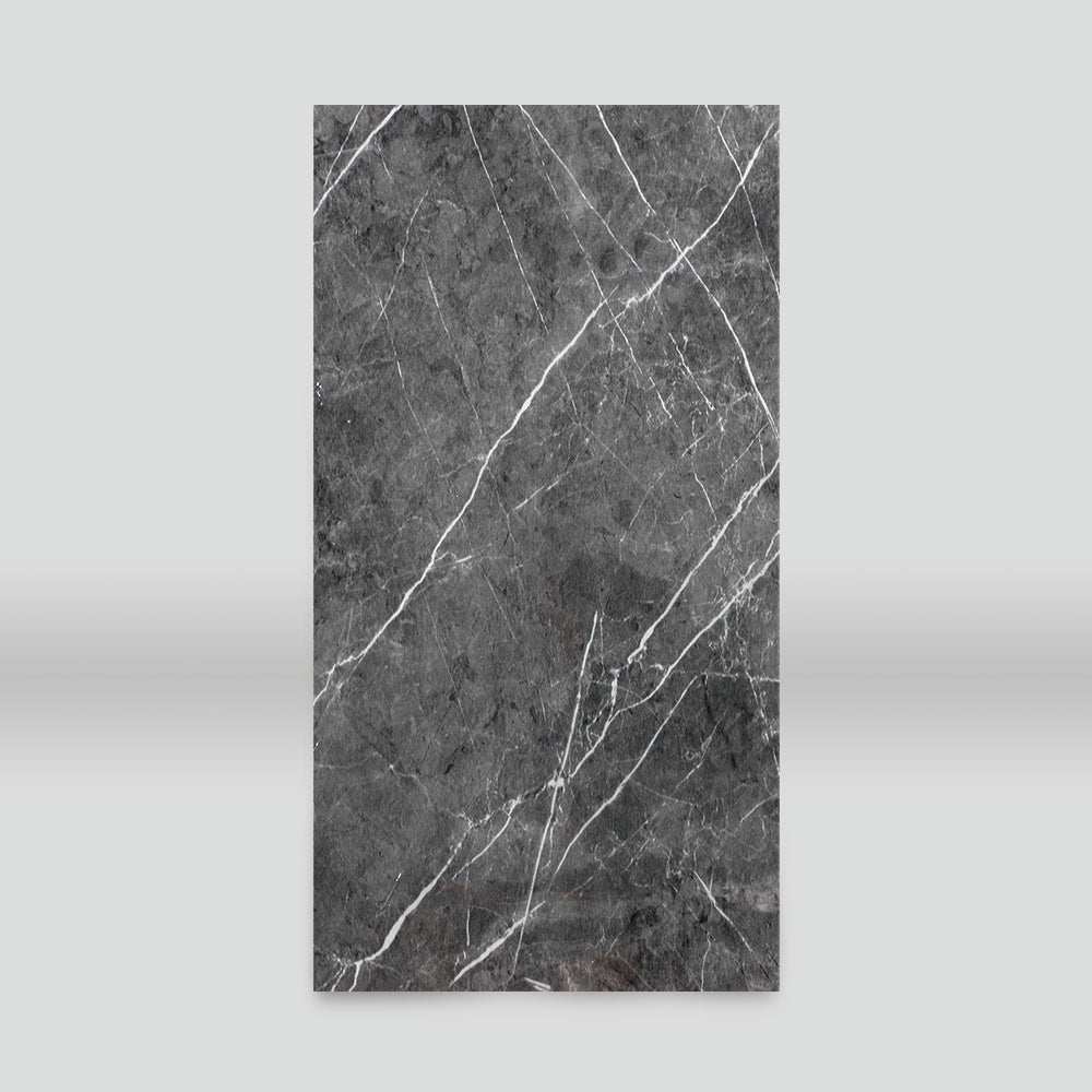 Dark gray marble PVC wall panel with white veins, 4x8 ft, polished finish, fireproof & waterproof, ideal for NJ homes &
