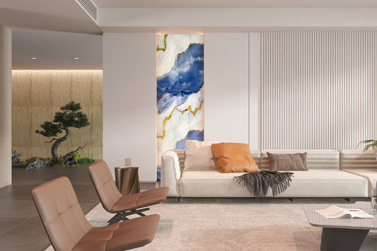 Luxury office interior with PVC marble sheets and acoustic wood wall panels