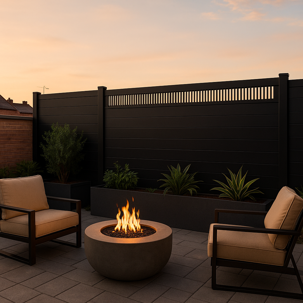 Black composite privacy fence with horizontal panels in a modern backyard patio featuring outdoor seating and fire pit