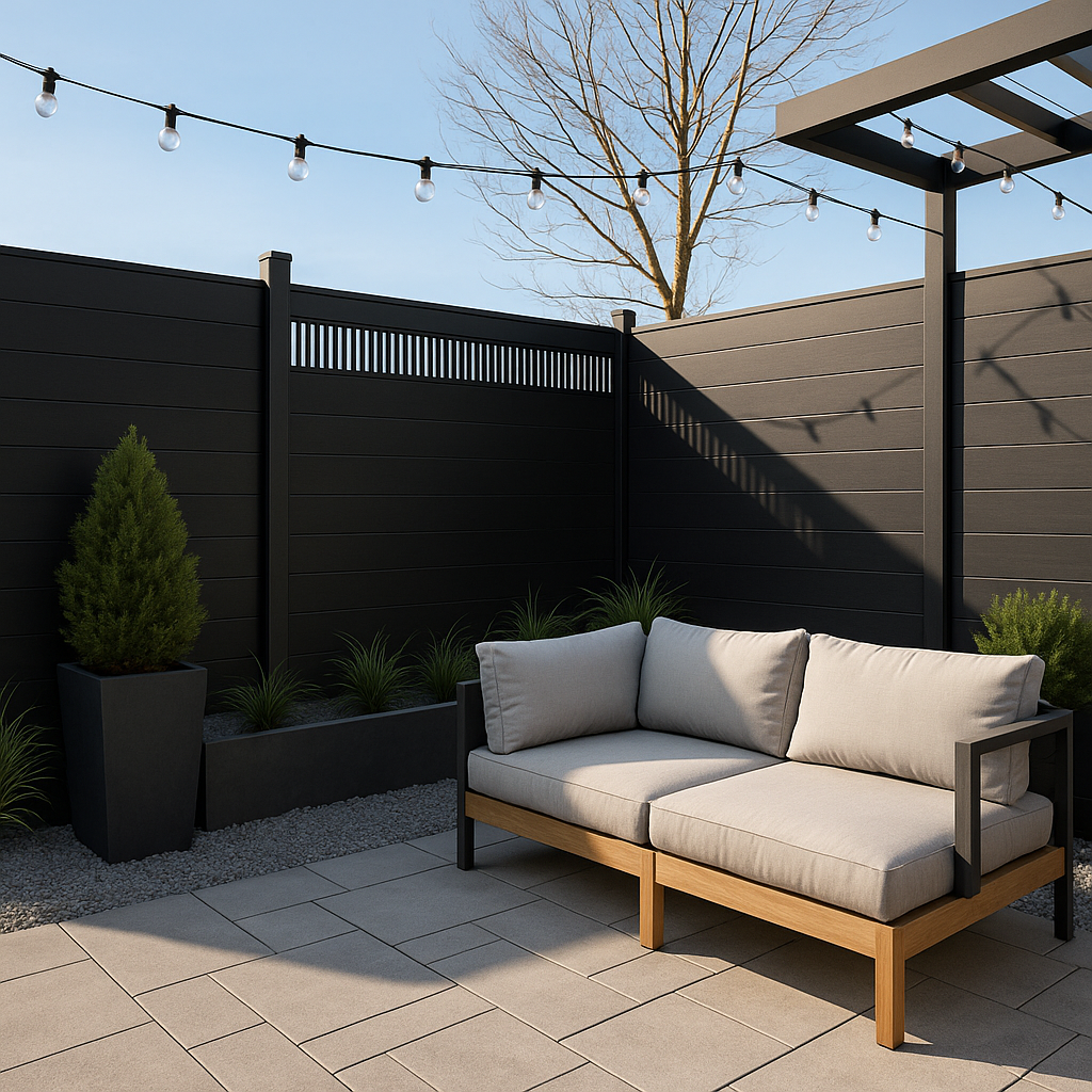 Modern backyard patio with black composite privacy fence, outdoor sofa seating, and string lights