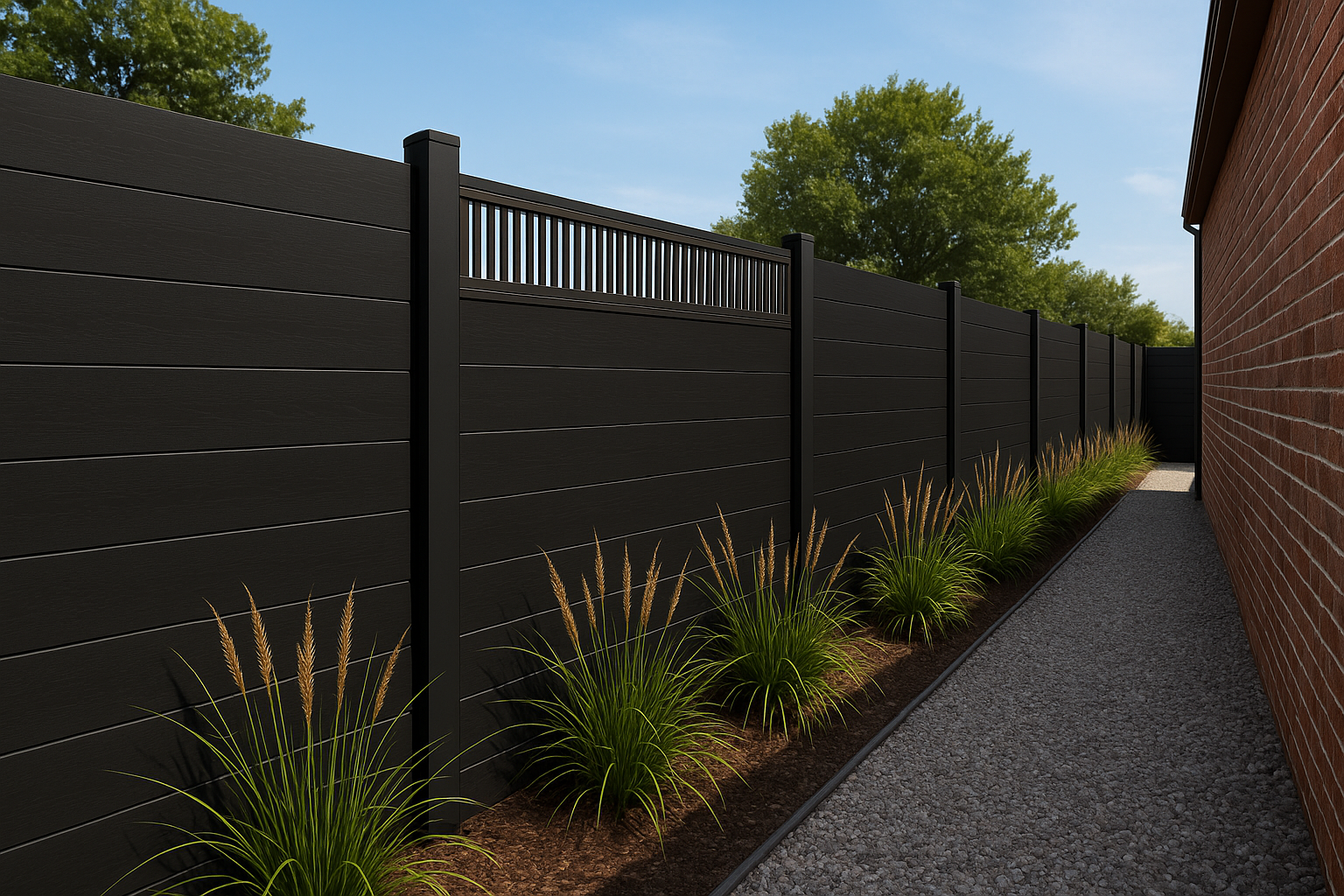 Long black composite privacy fence with horizontal panels installed along residential side yard landscaping