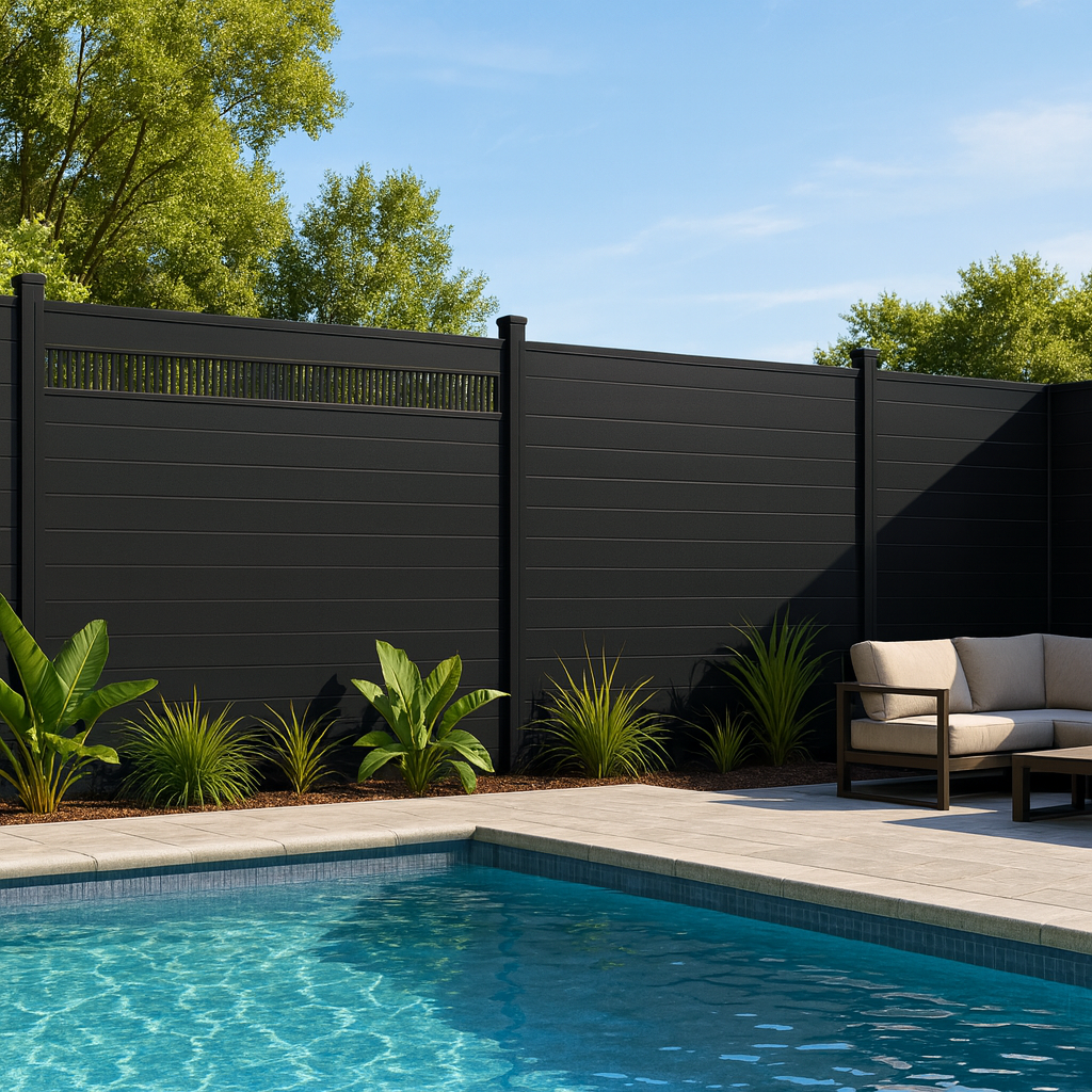 Modern black composite privacy fence around backyard swimming pool with horizontal panels and sleek outdoor design.