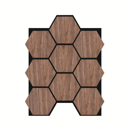 Hexagon wood-grain decorative wall panels arranged in a modern geometric pattern