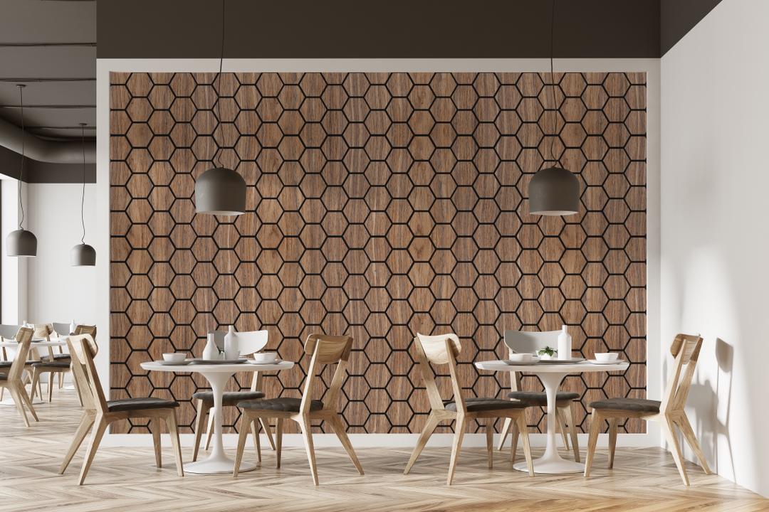 Modern café interior featuring hexagon wood wall panels with geometric design and contemporary seating