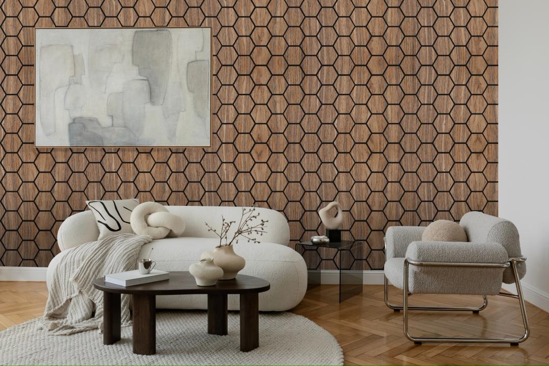 Modern living room featuring hexagon wood wall panels with geometric pattern and contemporary furniture