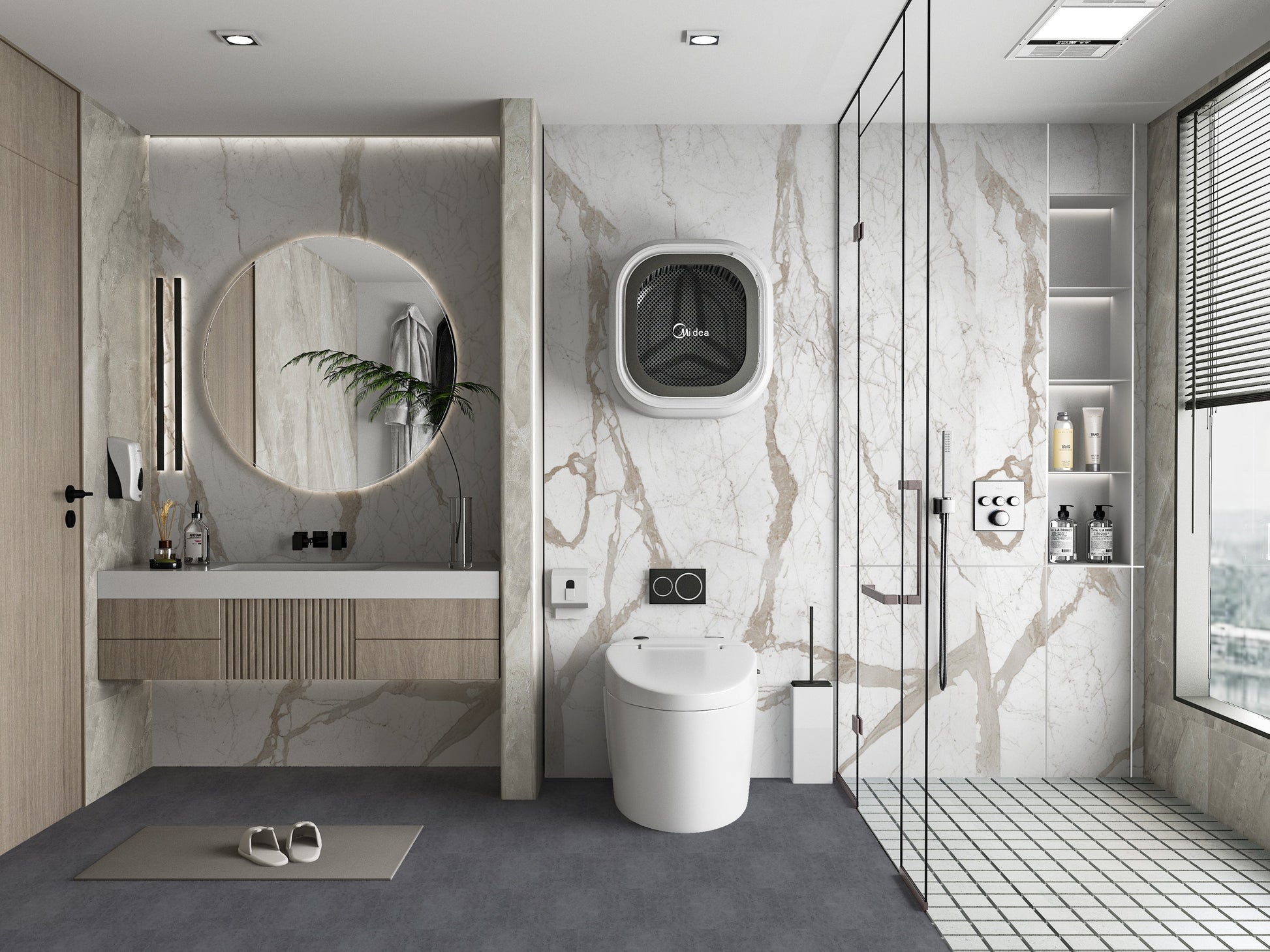 Striking Beige Vein Marble Sheets Continuous Pattern Bathroom Design