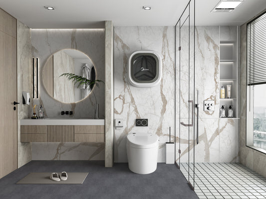 Striking Beige Vein Marble Sheets Continuous Pattern Bathroom Design