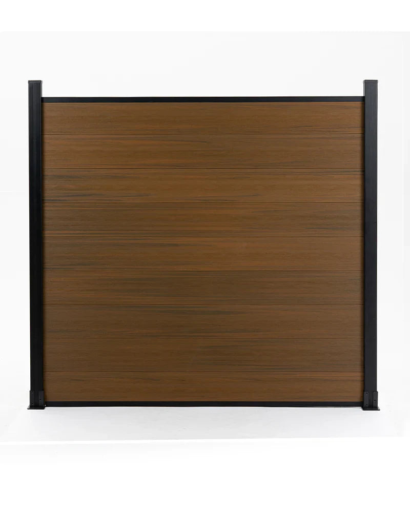 Wood-grain composite fence panel with aluminum posts for modern outdoor privacy fencing