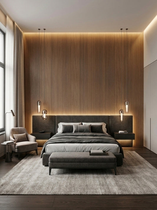Walnut wood veneer panel feature wall with vertical grain behind a modern upholstered bed