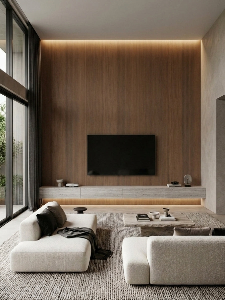 Walnut wood veneer panel TV wall in a contemporary living room with white modular seating