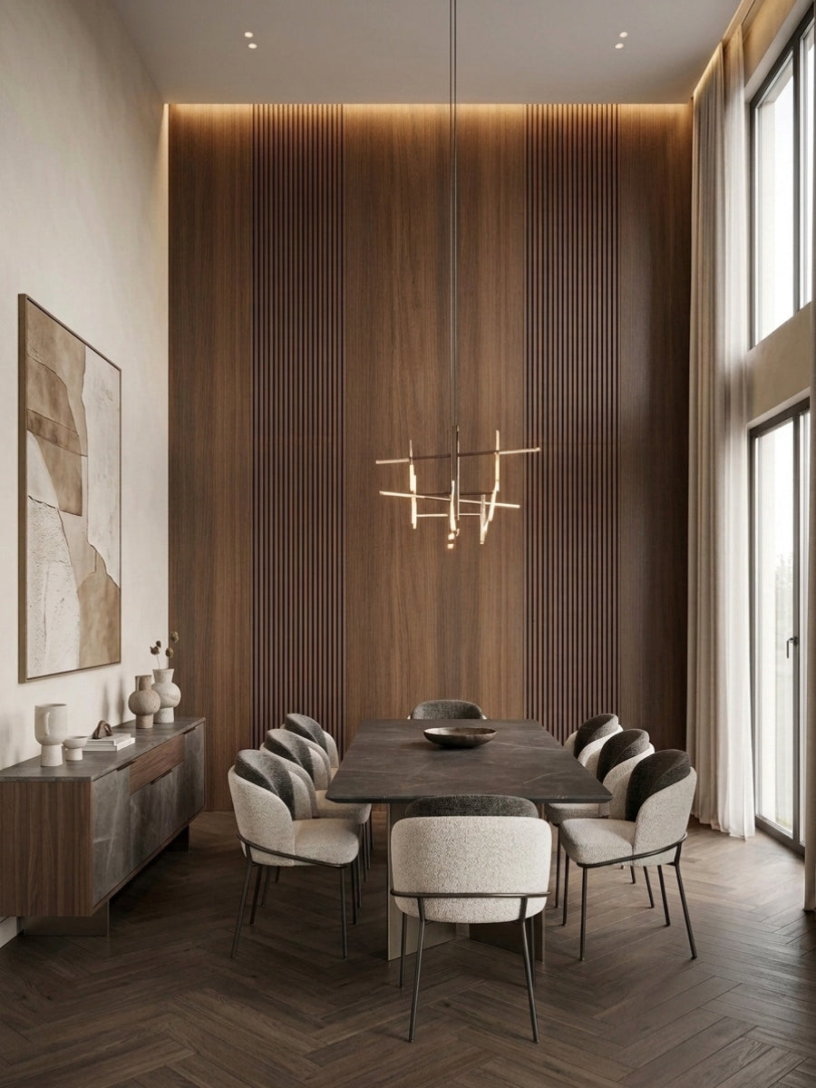 Floor-to-ceiling walnut wood veneer panels with vertical slatted detailing in a modern dining room
