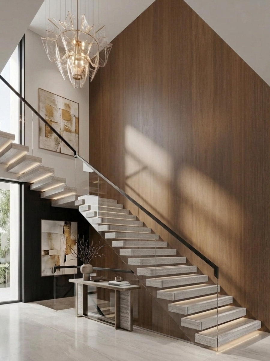 Walnut wood veneer panel wall installed beside a floating staircase in a bright modern interior