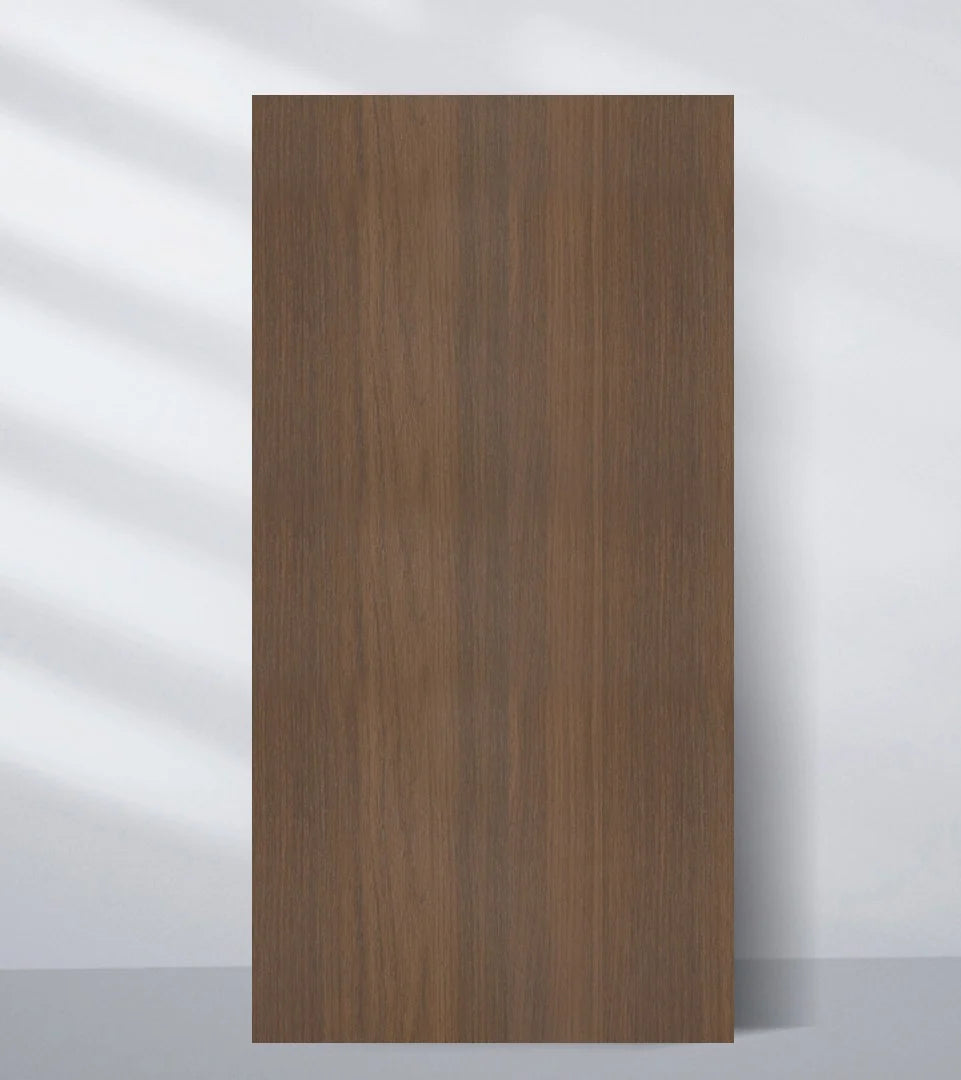 Wood veneer wall panel sample with a warm medium-brown vertical grain finish