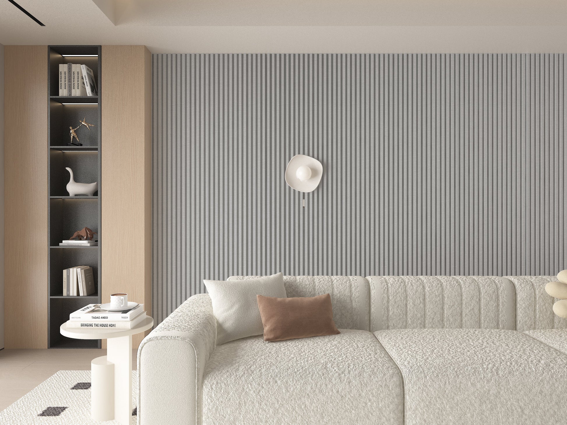White linen WPC Fluted 3D Wall Panels. Wall Decor Center. Living Room Design With WPC Fluted Wall Panels
